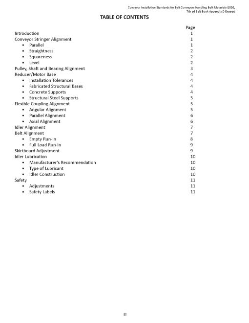 Table of Contents for CEMA Conveyor Installation Standards document
