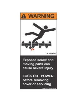 severe duty safety label: Warning - Exposed screw and movoing parts can cause severe injury