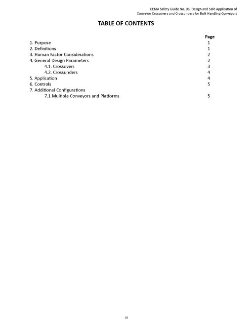 table of contents for CEMA Safety Guide No. 06. Design and Safe Application of Conveyor Crossovers and Crossunders for Bulk Handling Conveyors