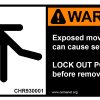 conveyor safety label WARNING exposed moving parts can cause serious injury