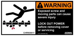 conveyor safety label with text: WARNING Exposed screw and moving parts can cause severe injury. Lock Out Power before removing cover or servicing