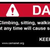 conveyor safety label danger climbing, sitting, walking, or riding on conveyor will cause severe injury or death
