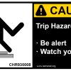 conveyor safety label with a caution for a trip hazard
