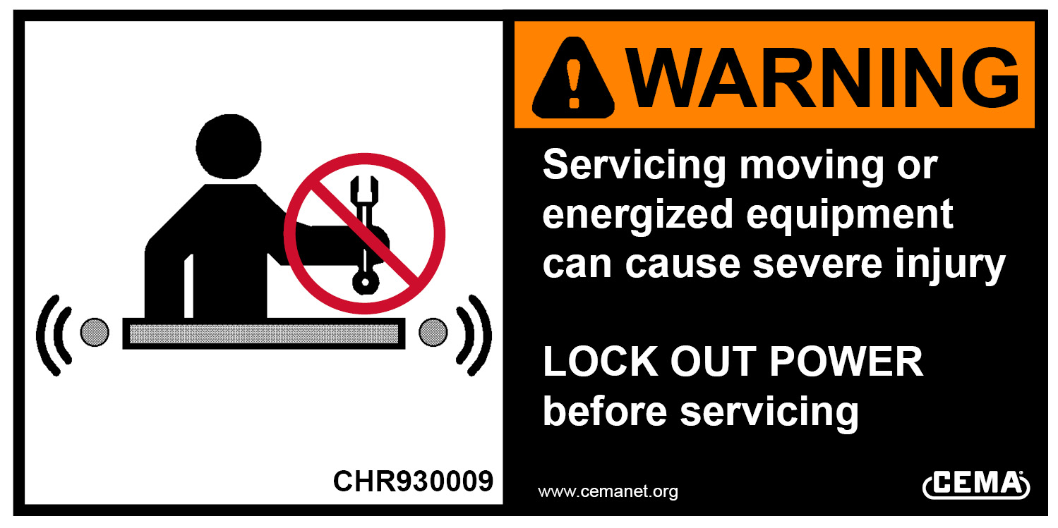 conveyor safety label warning servicing moving or energized equipment can cause severe injury