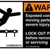conveyor safety label warning that exposed moving parts can cause severe injury