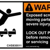 severe duty safety label: Warning that operation of the machinery with guards removed would create hazards