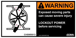 conveyor safety label - Warning Exposed moving parts can cause severe injury