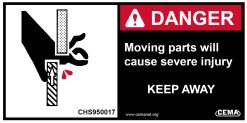 safety label reading DANGER - Moving parts will cause severe injury - KEEP AWAY