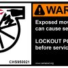 safety label reading WARNING - Exposed moving parts can cause severe injury. LOCKOUT POWER before servicing.