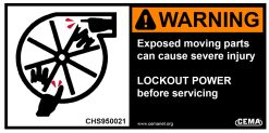 safety label reading WARNING - Exposed moving parts can cause severe injury. LOCKOUT POWER before servicing.