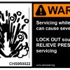 safety label reading WARNING - Servicing while pressurized can cause severe injury. LOCK OUT source and RELIEVE PRESSURE before servicing.