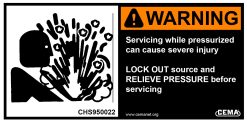 safety label reading WARNING - Servicing while pressurized can cause severe injury. LOCK OUT source and RELIEVE PRESSURE before servicing.
