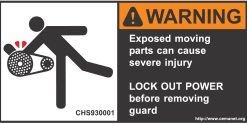 severe duty safety label: Warning - Exposed moving parts can cause severe injury