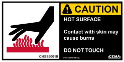 safety label reading CAUTION Hot Surface - Contact with skin may cause burns. DO NOT TOUCH