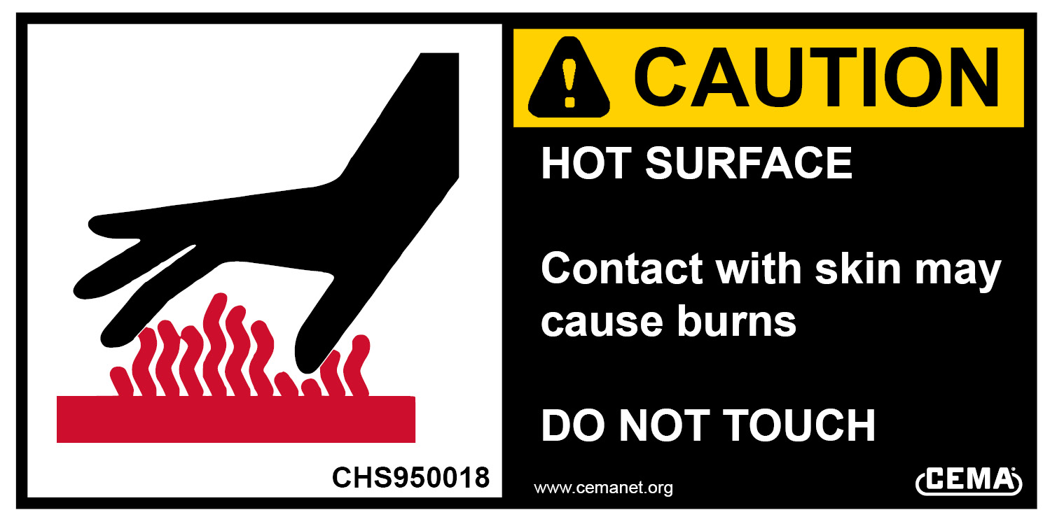 safety label reading CAUTION Hot Surface - Contact with skin may cause burns. DO NOT TOUCH