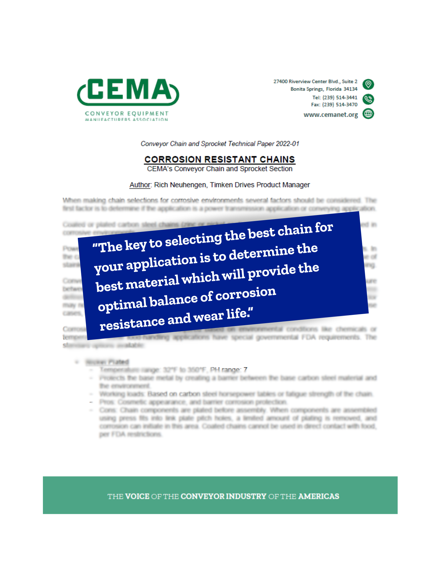 image of the first page of CEMA's Corrosion Resistant Chains technical paper