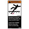 safety label reading WARNING - Exposed conveyors and moving parts can cause severe injury. LOCK OUT POWER before removing cover or servicing.