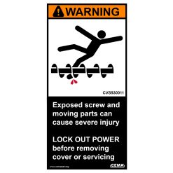 severe duty safety label: Warning - Exposed screw and moving parts can cause severe injury. LOCK OUT POWER before removing cover or servicing