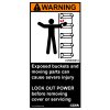 safety label reading WARNING - Exposed buckets and moving parts can cause severe injury. LOCK OUT POWER before removing cover or servicing